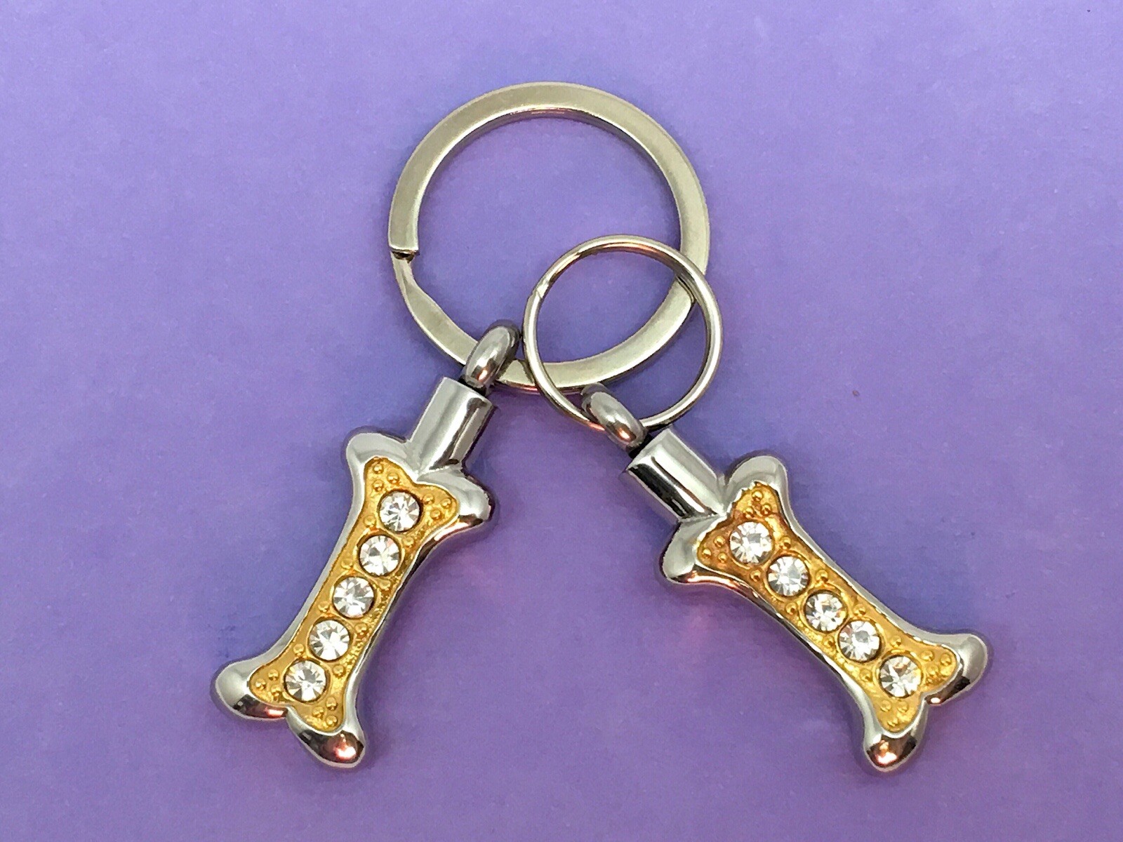 Dog Cremation Pendant Urn Keychain 1″ Key Ring Ash Golden Silver Crystal Bone