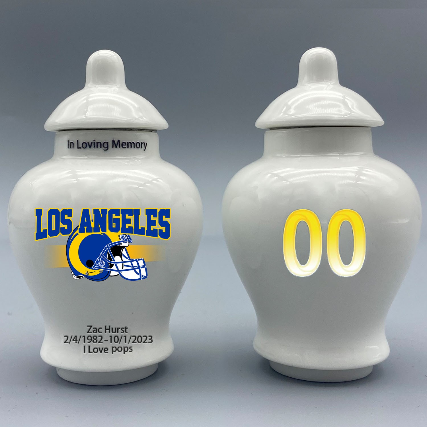 Ceramic Football Urn – Los Angeles Rams Theme, Custom Text & Number