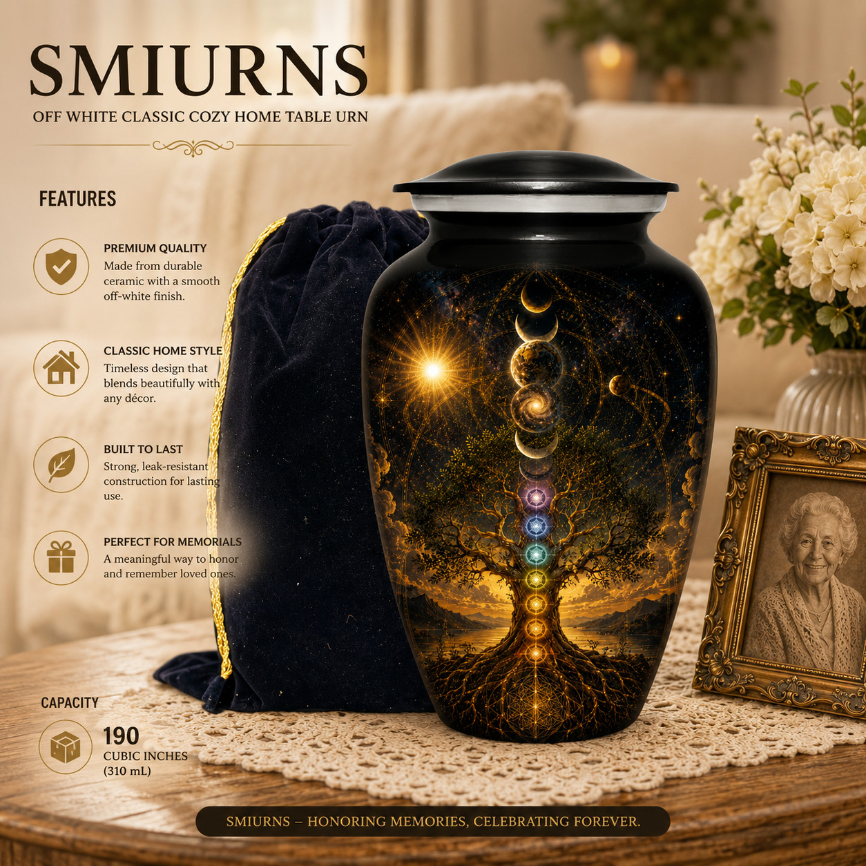 Cremation Urn for Human Ashes Adult Large 190 Cu In Tree of Life Chakra Urns