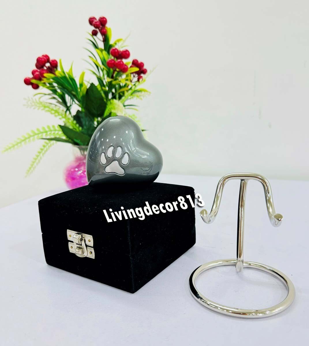 Small Foot Print Heart Shaped 3″ Pet Keepsake Urn With Stand & Box
