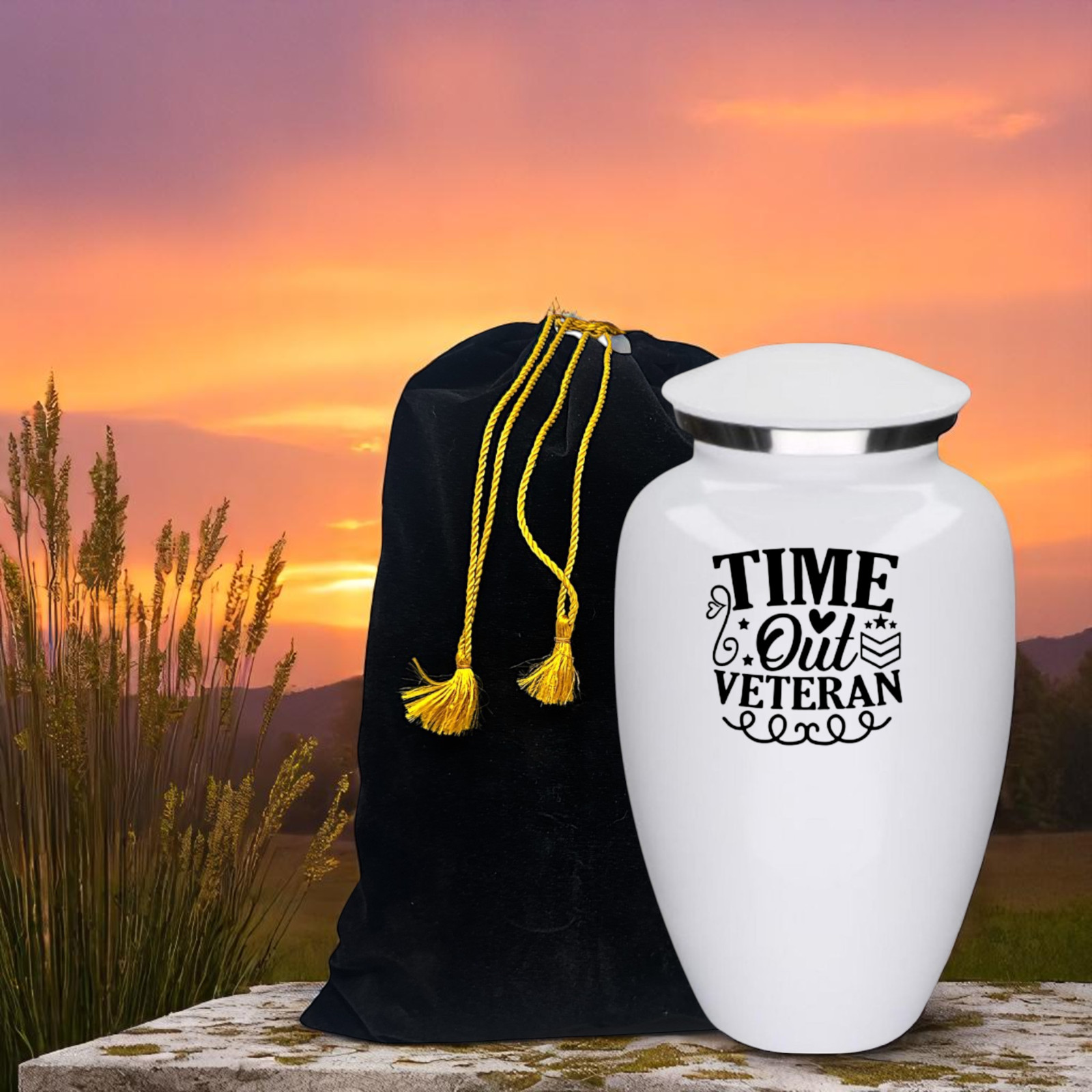 Time Out Veteran White Metal Adult Cremation Urn 190 Cu In Memorial w/ Bag