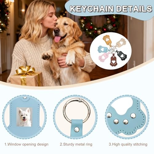 2 Pack Dog Hair Keychain with Photo Window, Pet Paw Shaped Leather BLUE+BLACK