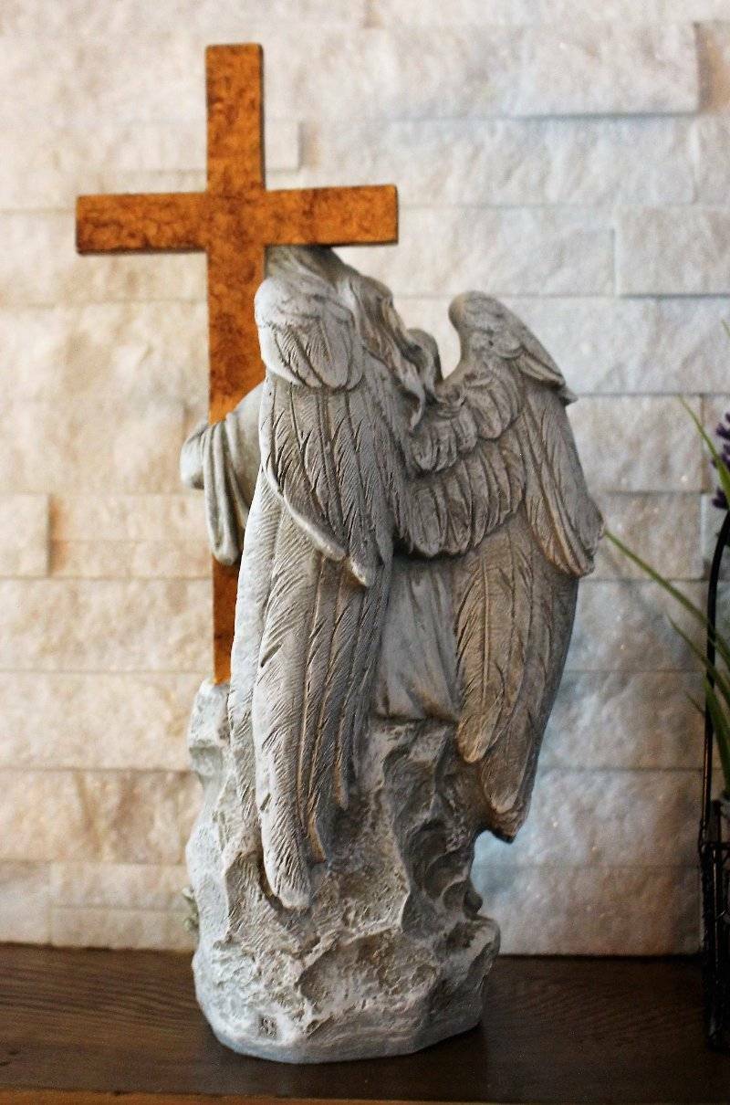 Memorial Statue Angel and Cross Comforting mourning angel Durable resin 13 in