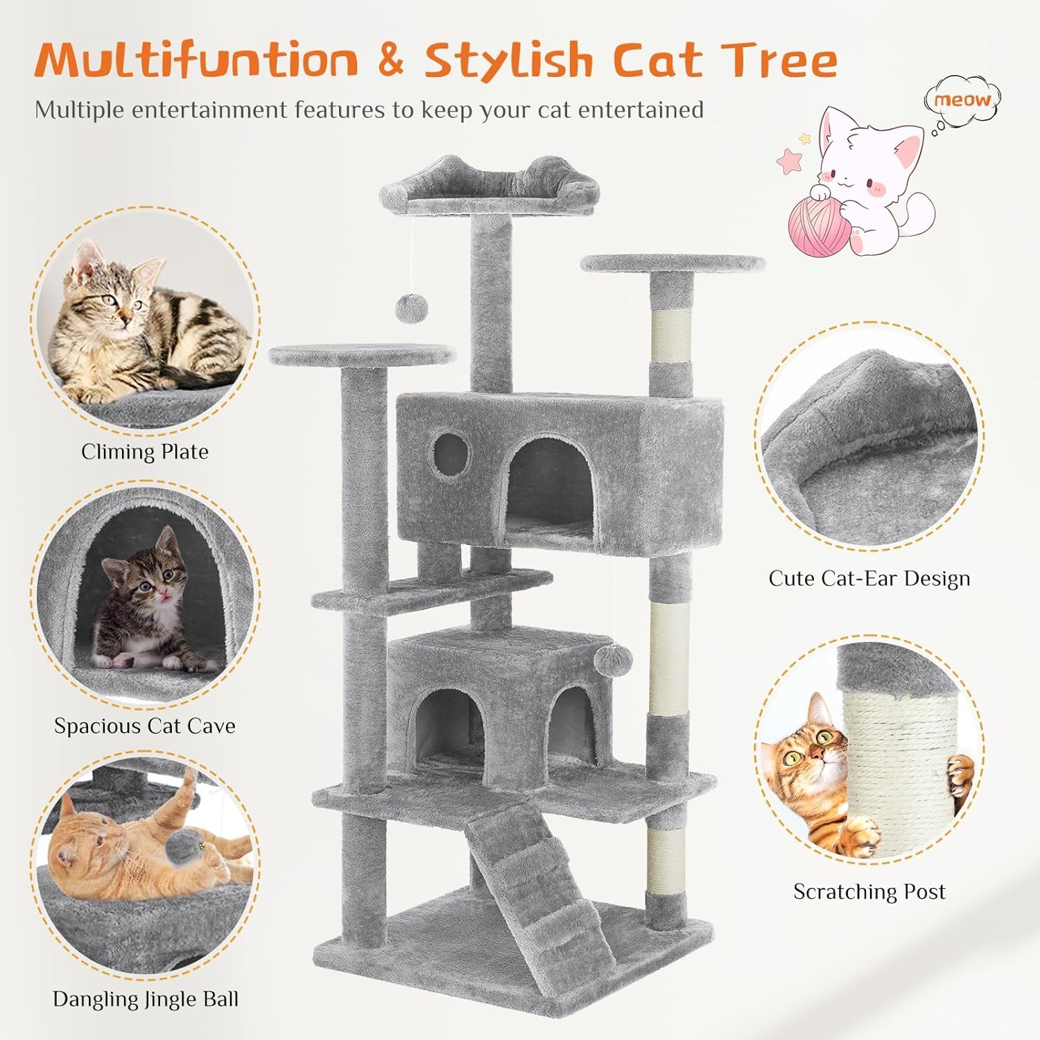 54 -Cat Tree Tower – Multi-level With Sisal Grab Post, Indoor Apartment With Lad