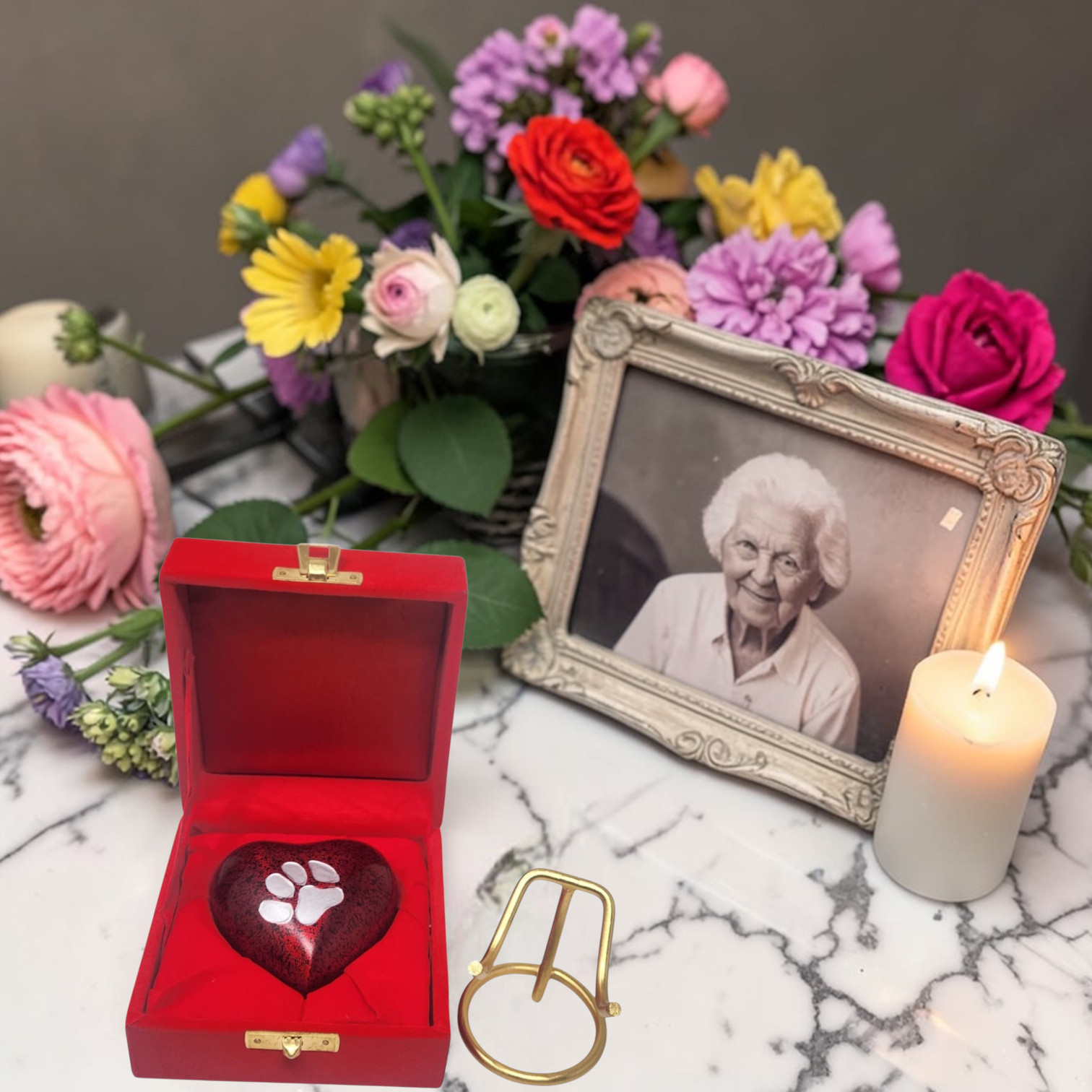Red Heart Pet Cremation Urn for Dog or Cat Ashes with Paw Print Stand & Box