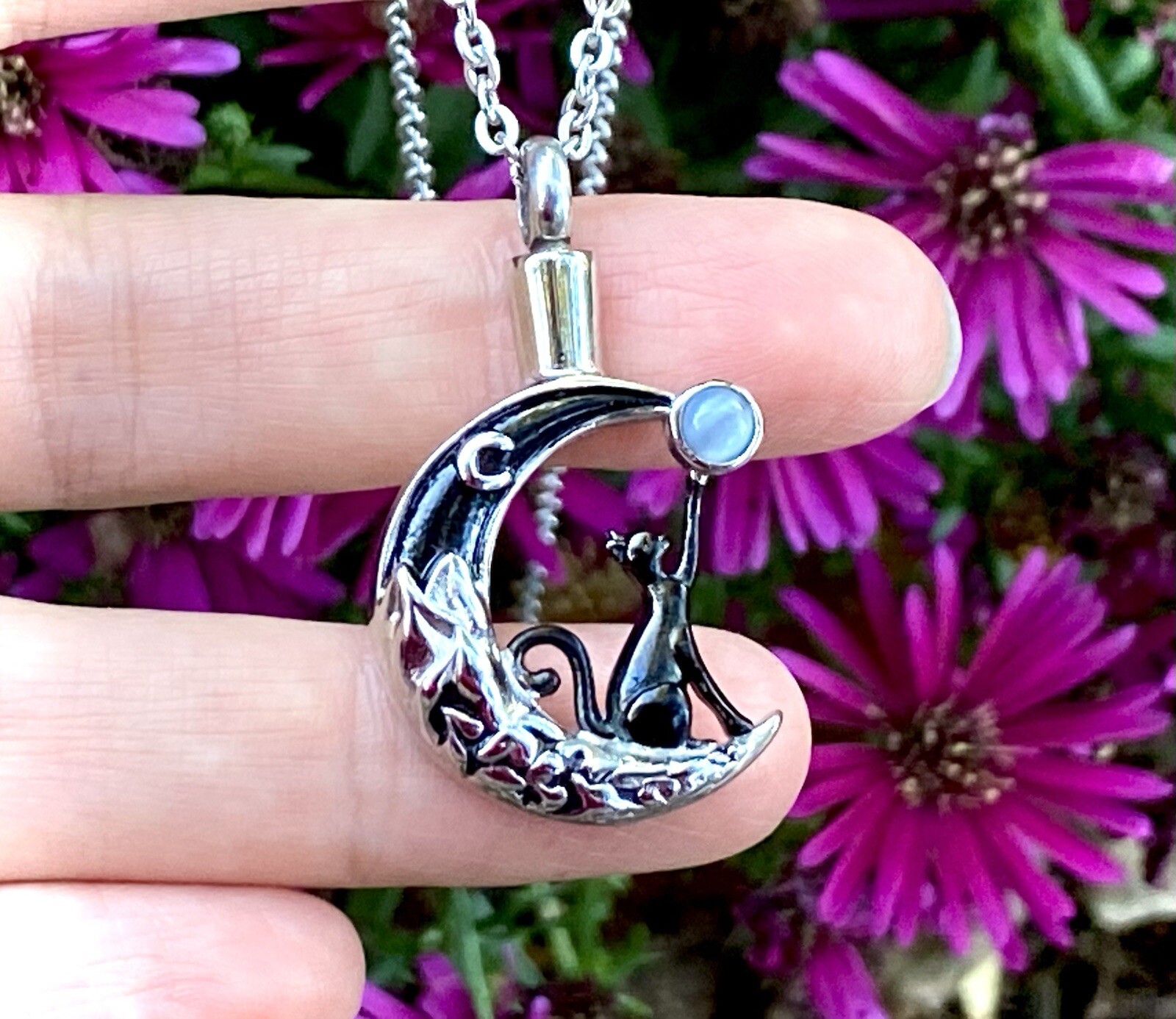 Black Cat Moon Stone Cremation Necklace Holds Ashes Urn Pendant Jewelry Gift Lov