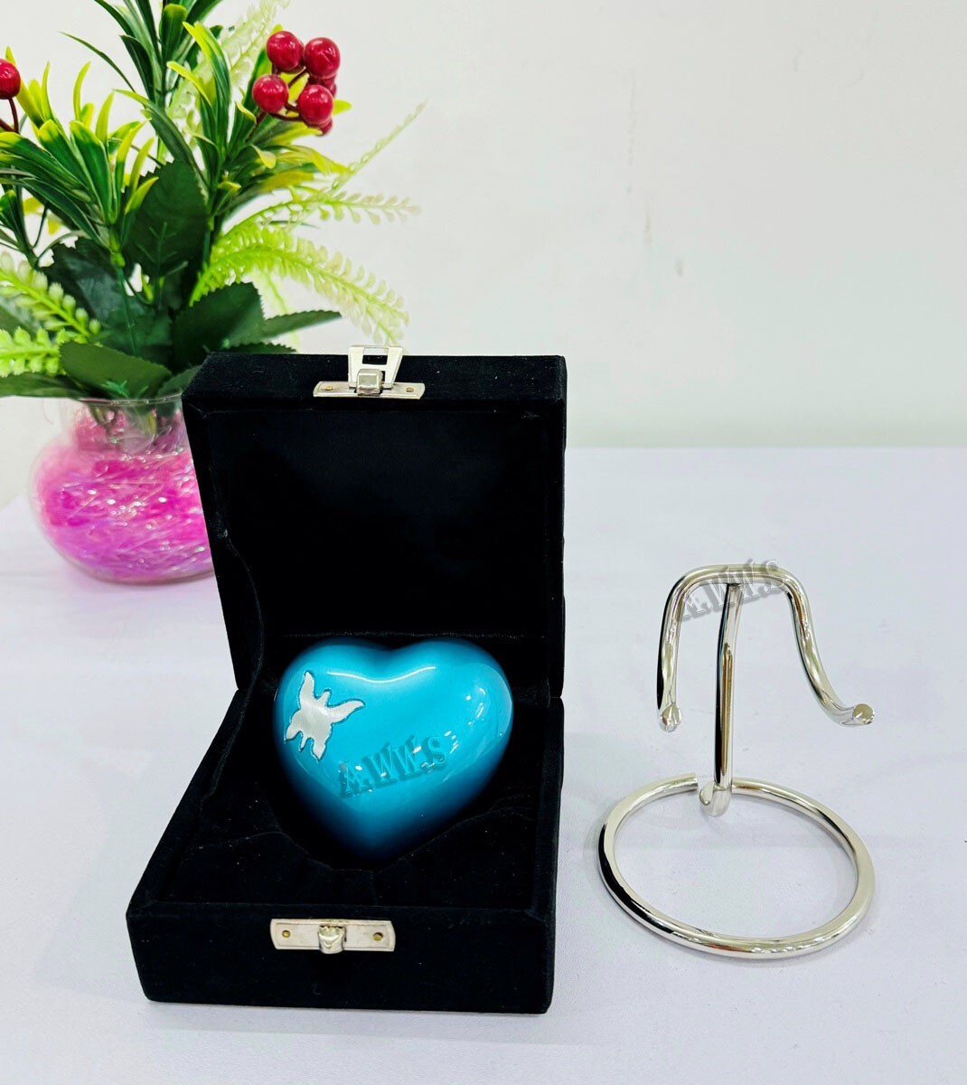 Handcrafted Beautiful Butterfly Sky Blue Urn Heart Shaped with Stand & Box –