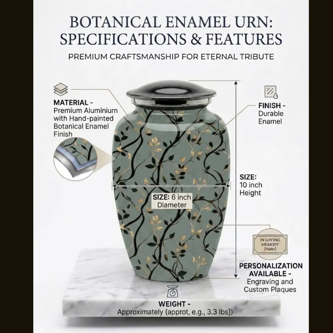 Grey Floral Cremation Urn for Ashes 10″x6.5″ Adult 190 Cu In Memorial Urn w/Bag