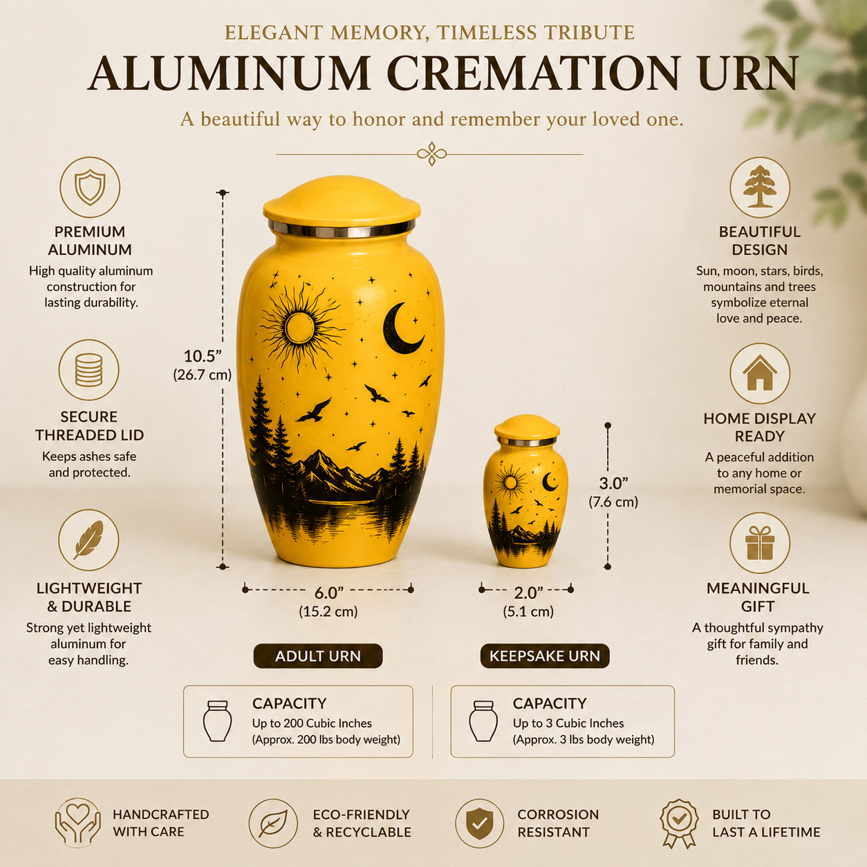 Yellow Aluminum Cremation Urn for Human Ashes – Sun Moon Mountain Landscape