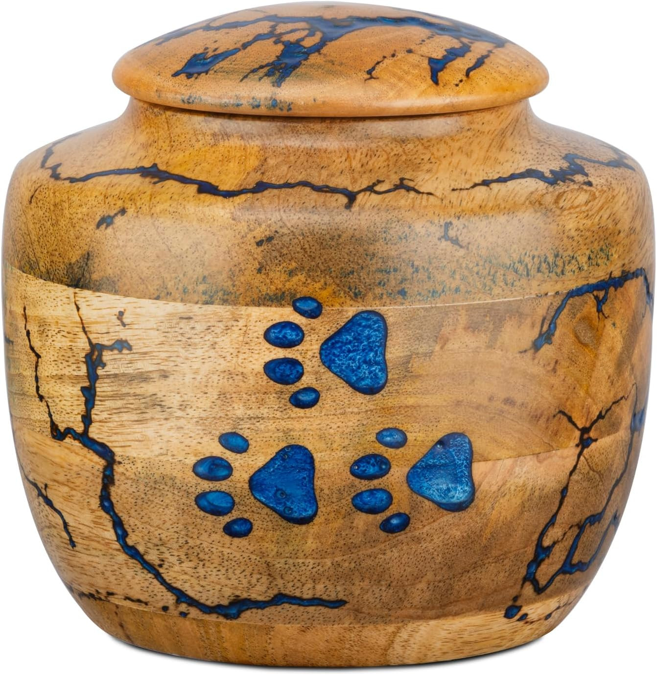 Elegant Wooden Pet Urn with Blue Resin Paws – Medium Size Memorial Box