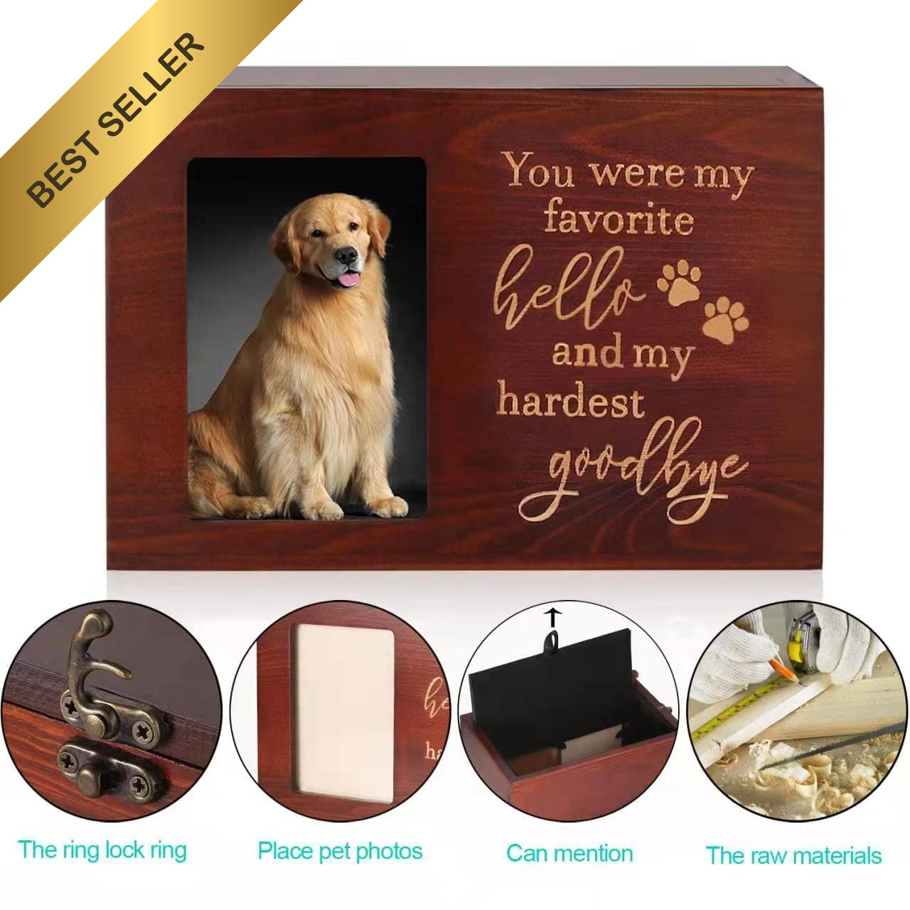 Pet Memorial Urn Dog Cat Ashes Wooden Urn Photo Frame Keepsake Box Large Black