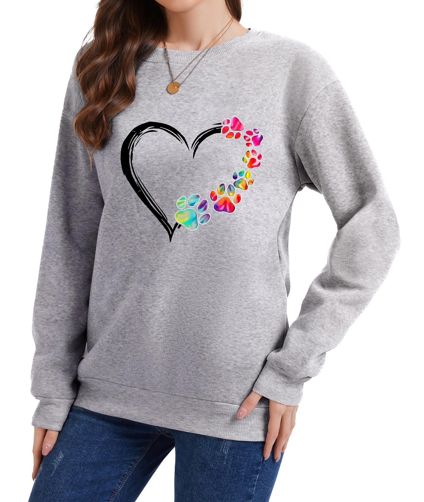 Womens Dog Mom Sweatshirts Heart Dog Paw Print Colorblock Long Sleeve Crewnec…