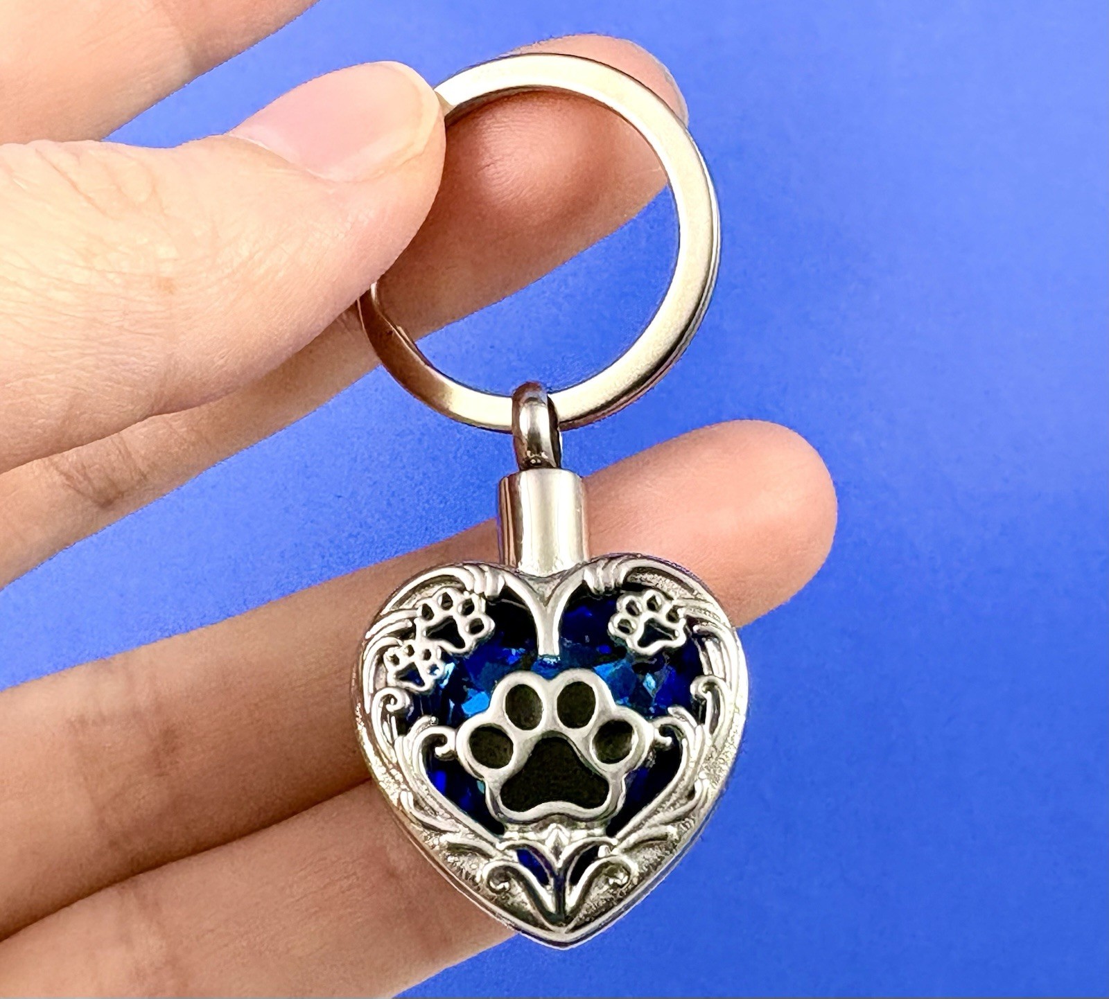Paw Print Cremation Pendant Urn Keychain 1″ KeyRing Ash Dog Cat Pet Cobalt Blue