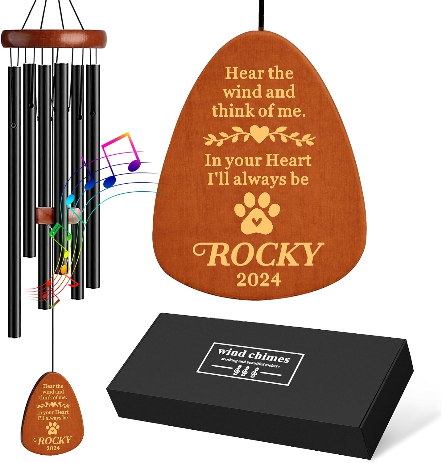 Personalized Dog Memorial Wind Chimes 25.5 Inch Sympathy Gift for Pet Loss Black