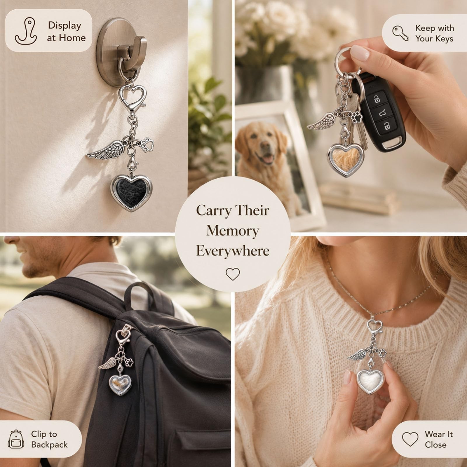 WCDHOR Pet Fur Keepsake Sympathy Gift, Dog Cat Memorial Locket Keychain with …