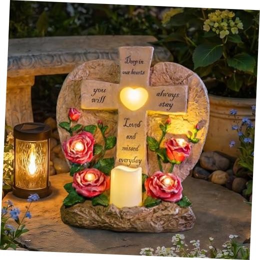 Memorial Garden Stone Cross with LED Lights – Sympathy Gift, Heart Rose Design