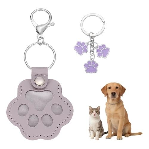 Pet Paw Print Keychain, Leather Pet Fur Storage Hair & Keepsake Pale Purple