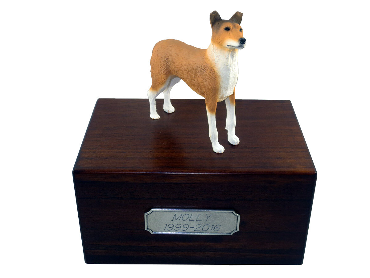 Beautiful Paulownia Wooden Personalized Urn With Collie Smooth Hair Figurine
