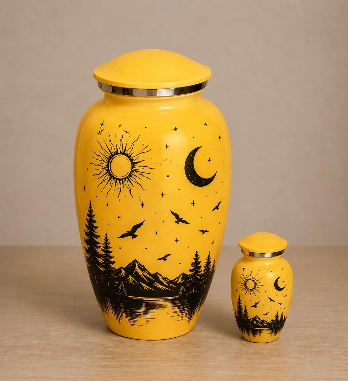 Yellow Aluminum Cremation Urn for Human Ashes – Sun Moon Mountain Landscape