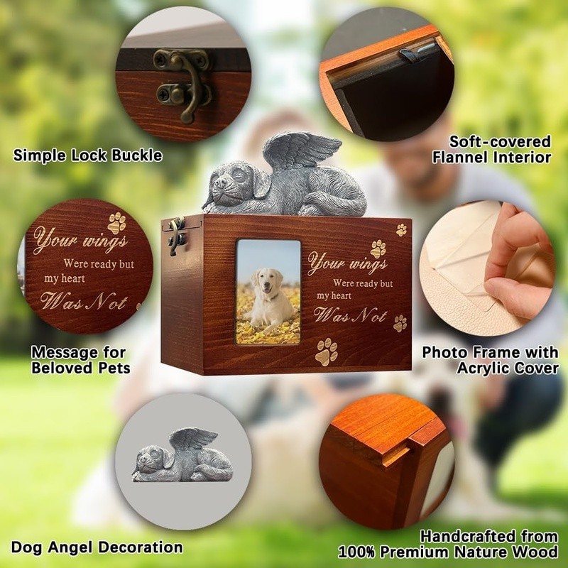 Wooden Pet Ashes Urn Memorial Keepsake Box W/ Photo Frame Beloved Dogs New
