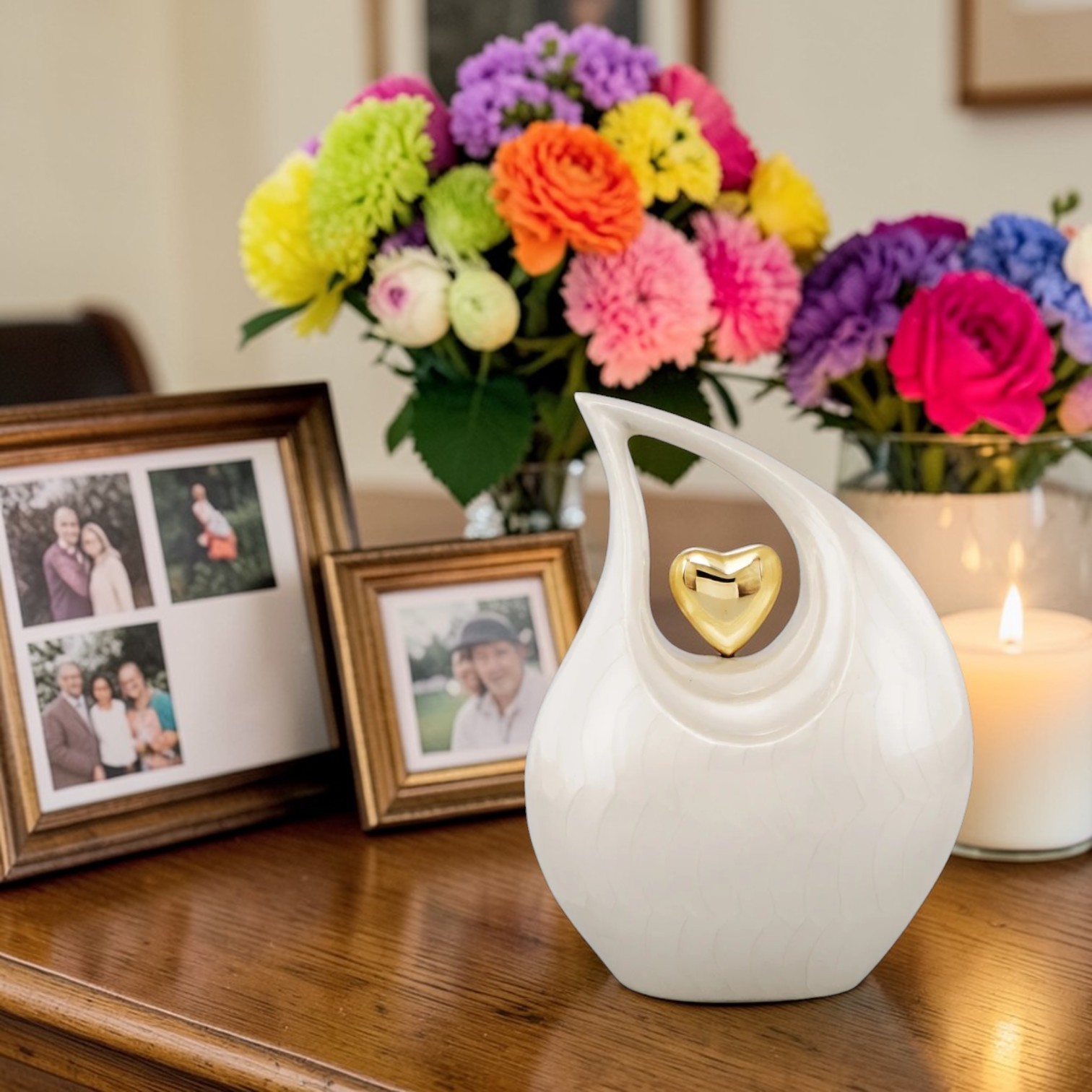 Personalized White Teardrop for Human Ashes Gold Heart Cremation Memorial Urn