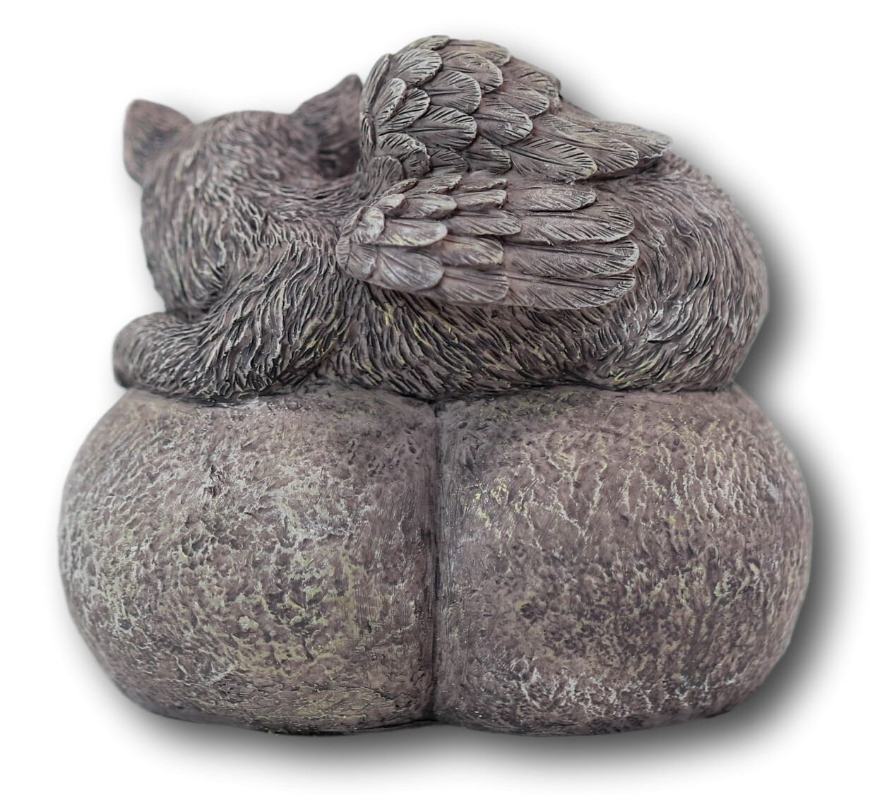Pet Memorial Sleeping Angel Cat With Paw Prints Heart Shaped Rock Urn Statue
