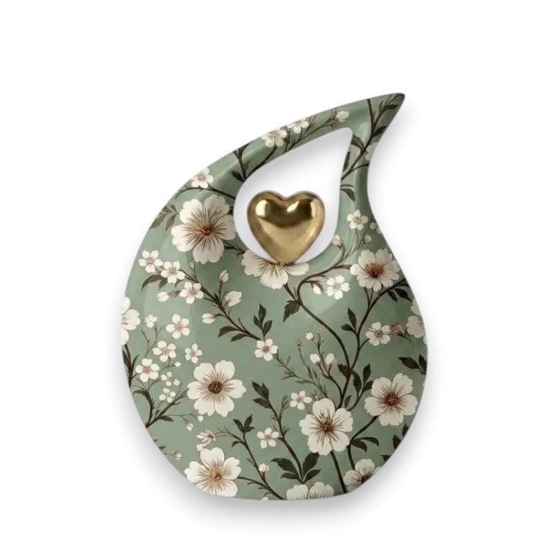 Teardrop Cremation Urn Sage Green Cherry Blossom Adult for Ashes Your Love Ones