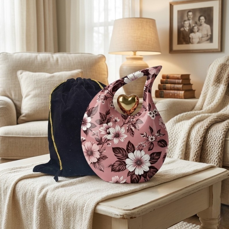 Pink Floral Metal Teardrop Cremation Urn for Adult Human Ashes 200 Cu In Earns..
