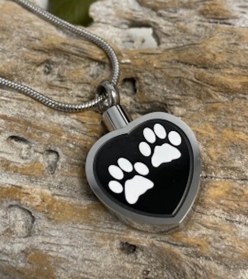 Two White Paw Prints Heart Memorial Necklace (J-027)