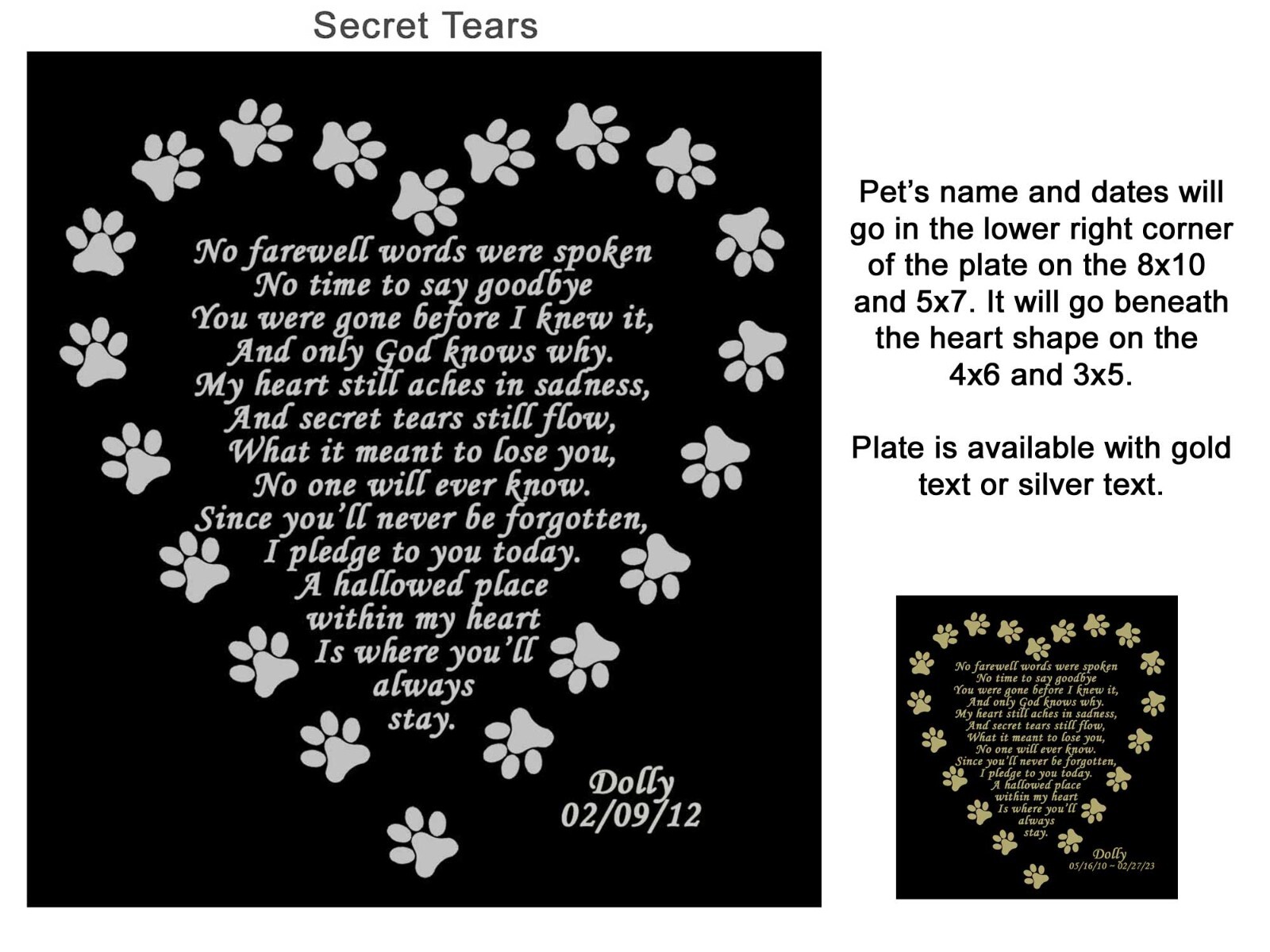 Custom Engraved Pet Name Plate Poem, SECRET TEARS, 4 Sizes, Dog, Cat, Any Pet