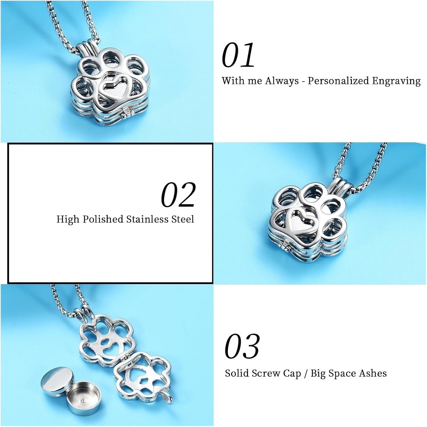 Stainless Steel Paw Print Urn Necklace for Pet Ashes – Near Weightless Design