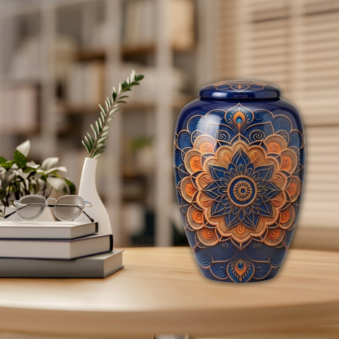 Blue & Gold Mandala Cremation Urn for Human Ashes – Adult Large 190 Cu/In + Bag