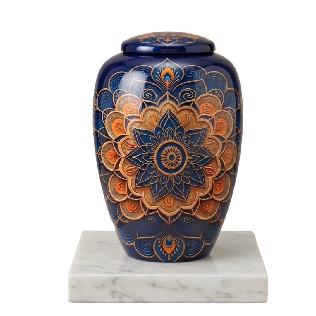 Blue & Gold Mandala Cremation Urn for Human Ashes – Adult Large 190 Cu/In + Bag