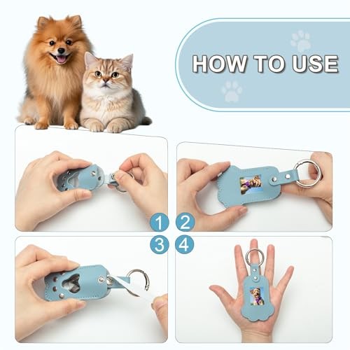2 Pack Dog Hair Keychain with Photo Window, Pet Paw Shaped Leather BLUE+BLACK