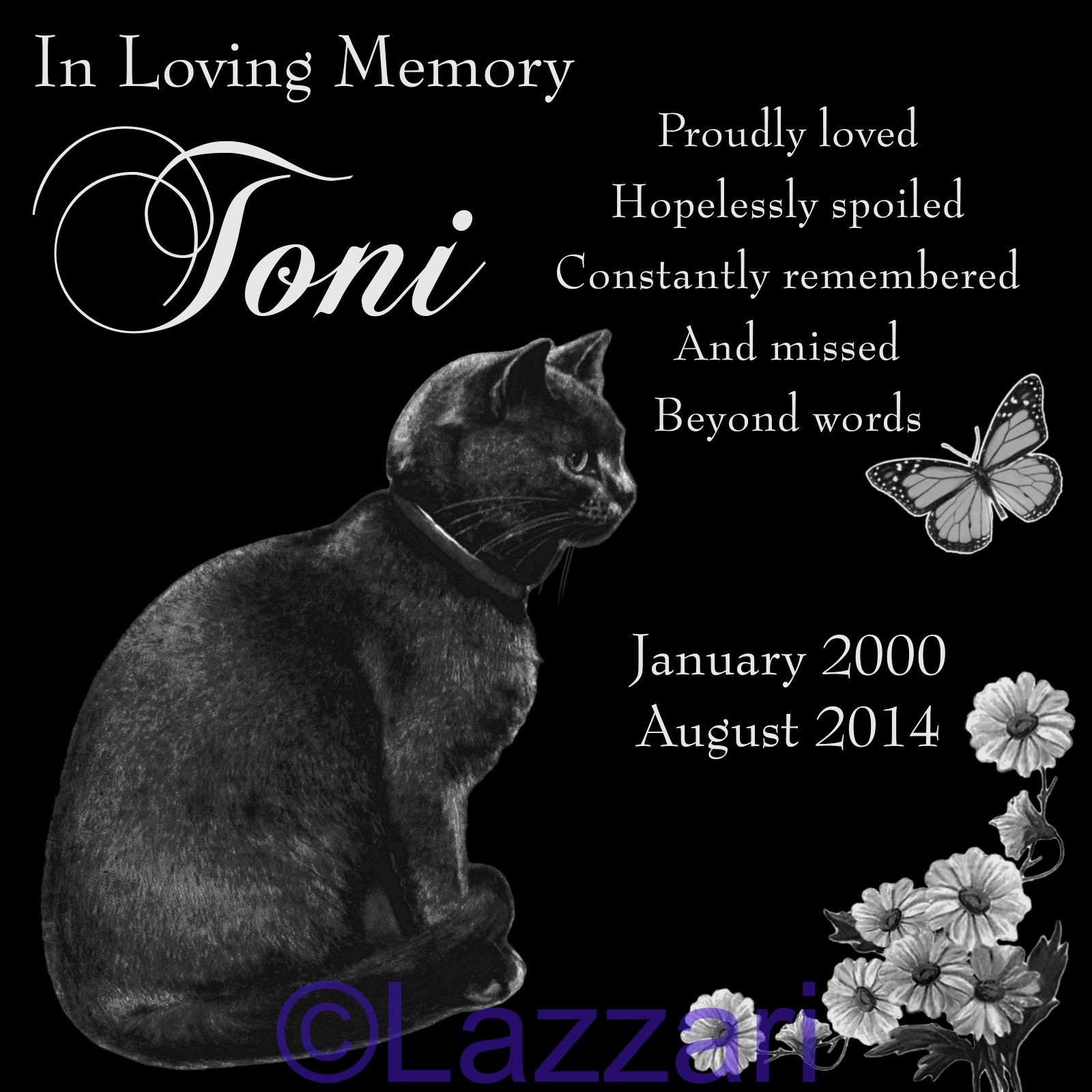 Personalized Black Gray Cat & Butterfly Pet Memorial 12×12 Granite Grave Marker