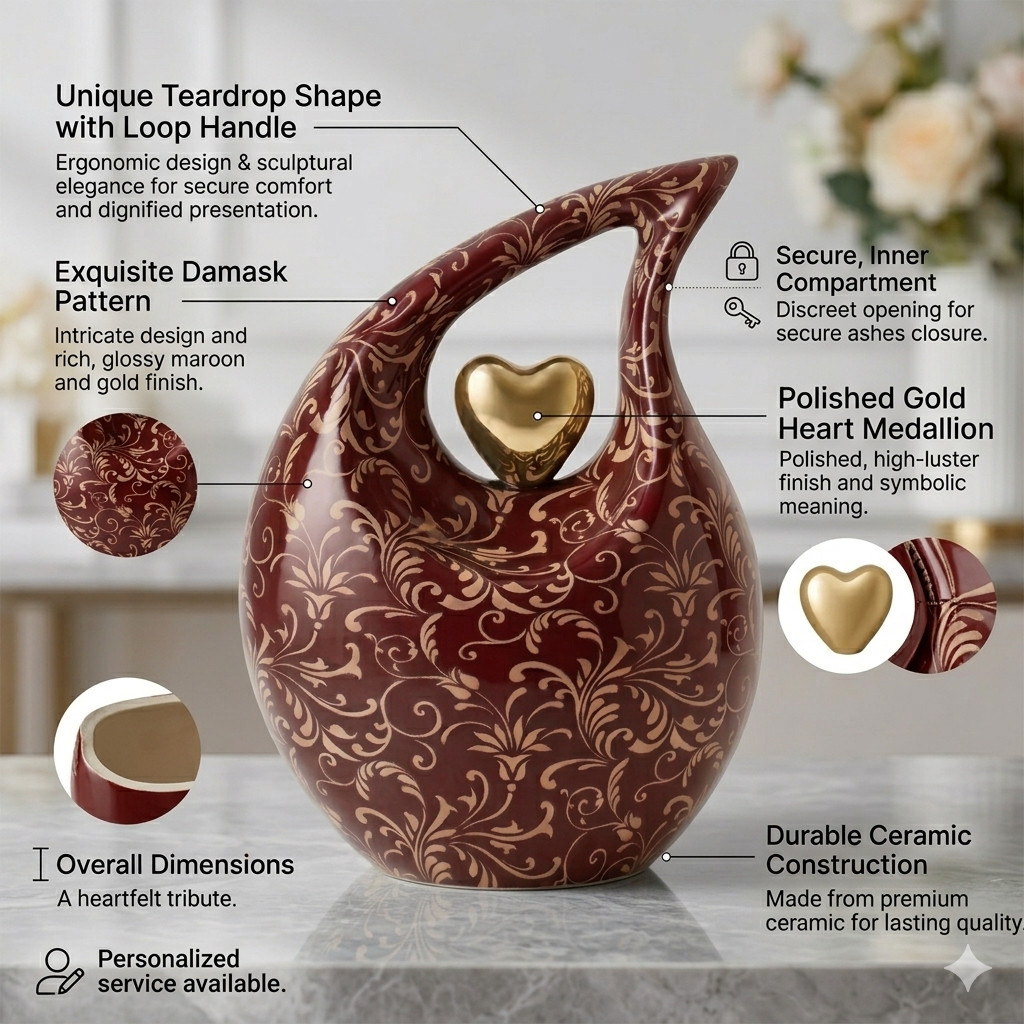 Large Maroon Floral Teardrop Cremation Urn for Human Ashes – 10″ Adult Memorial