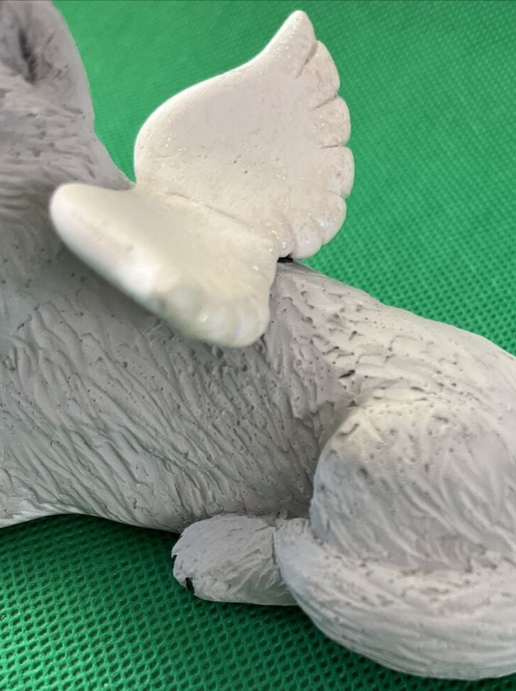 Ceramic Memorial Dog With Angel Wings & Eyes Closed Pet Remembrance Figure Gray