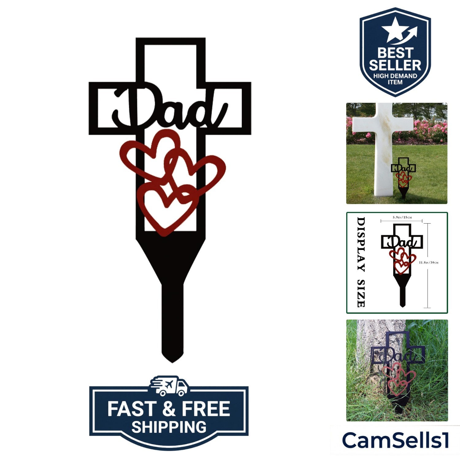 Metal Cross Grave Marker for Dad – Heavy Duty Cemetery Memorial Stake, 12 x 6…