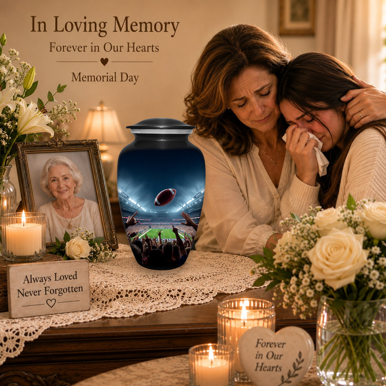 Large Cremation Urn for Human Ashes – Football Theme Memorial Adult Funeral Urns