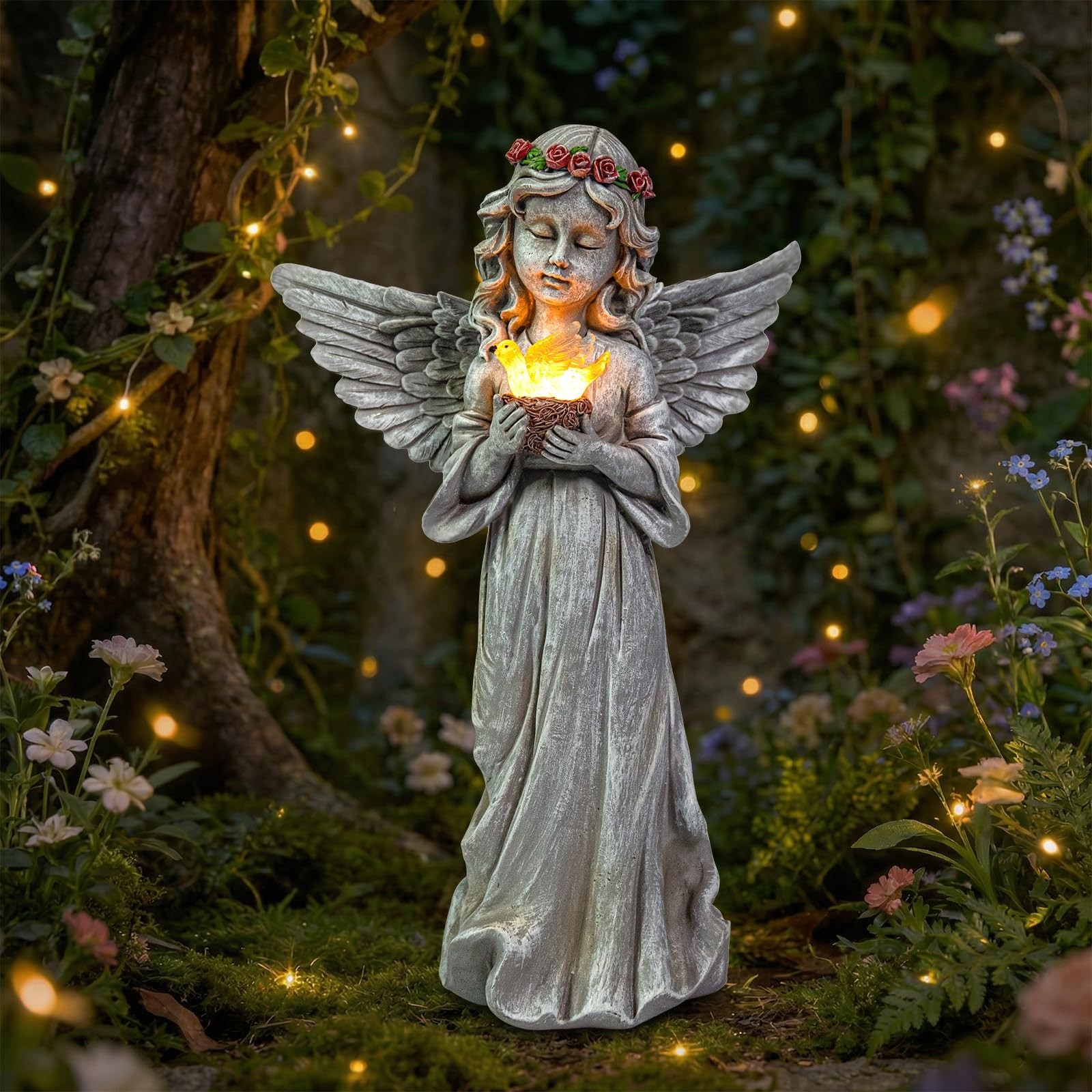 Angel Garden Statue Outdoor Decor, Angel Garden Figurine Hold Bird’s Nest wit…
