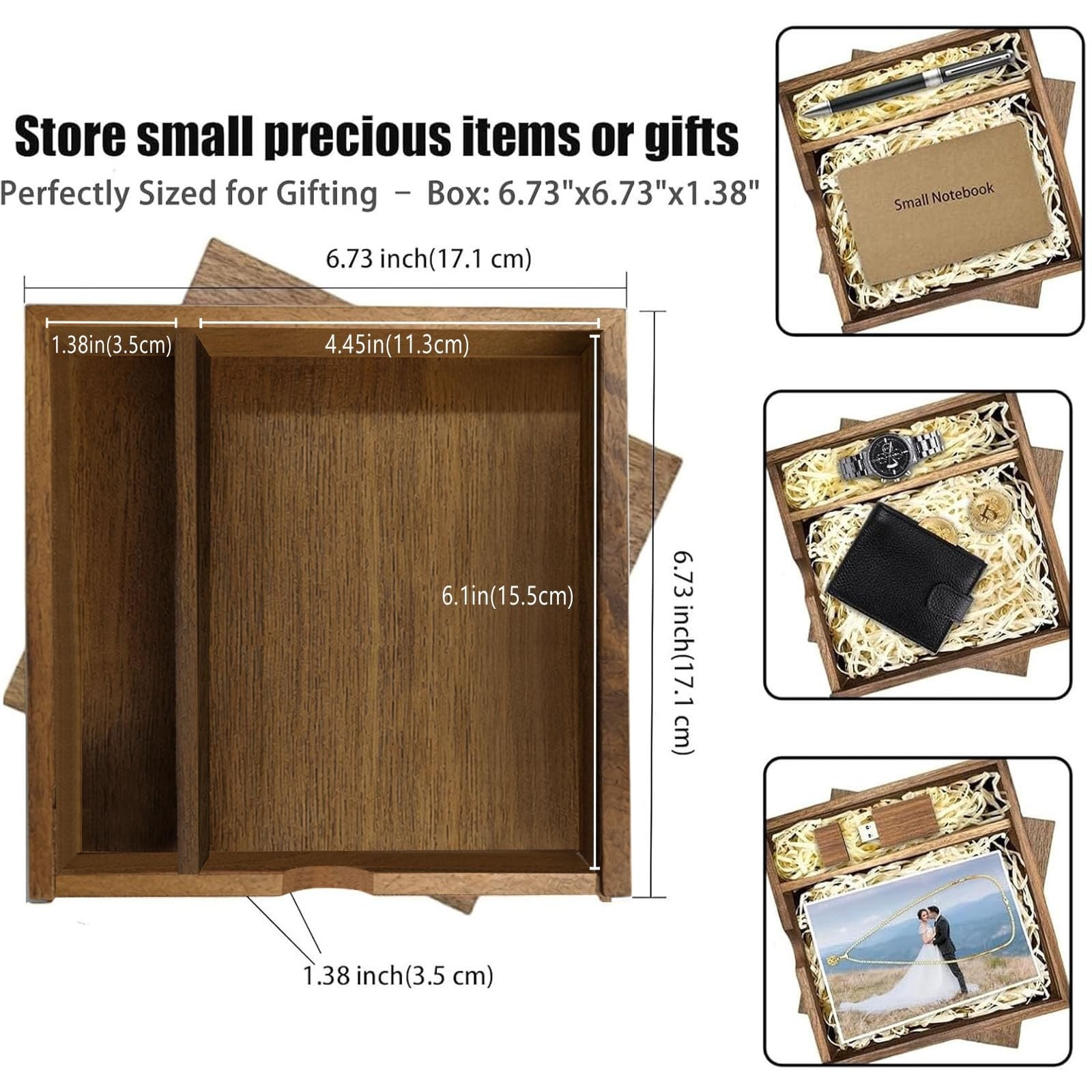 Walnut Wooden 4×6 Photo Box with USB Compartment, Photography Keepsake Storag…