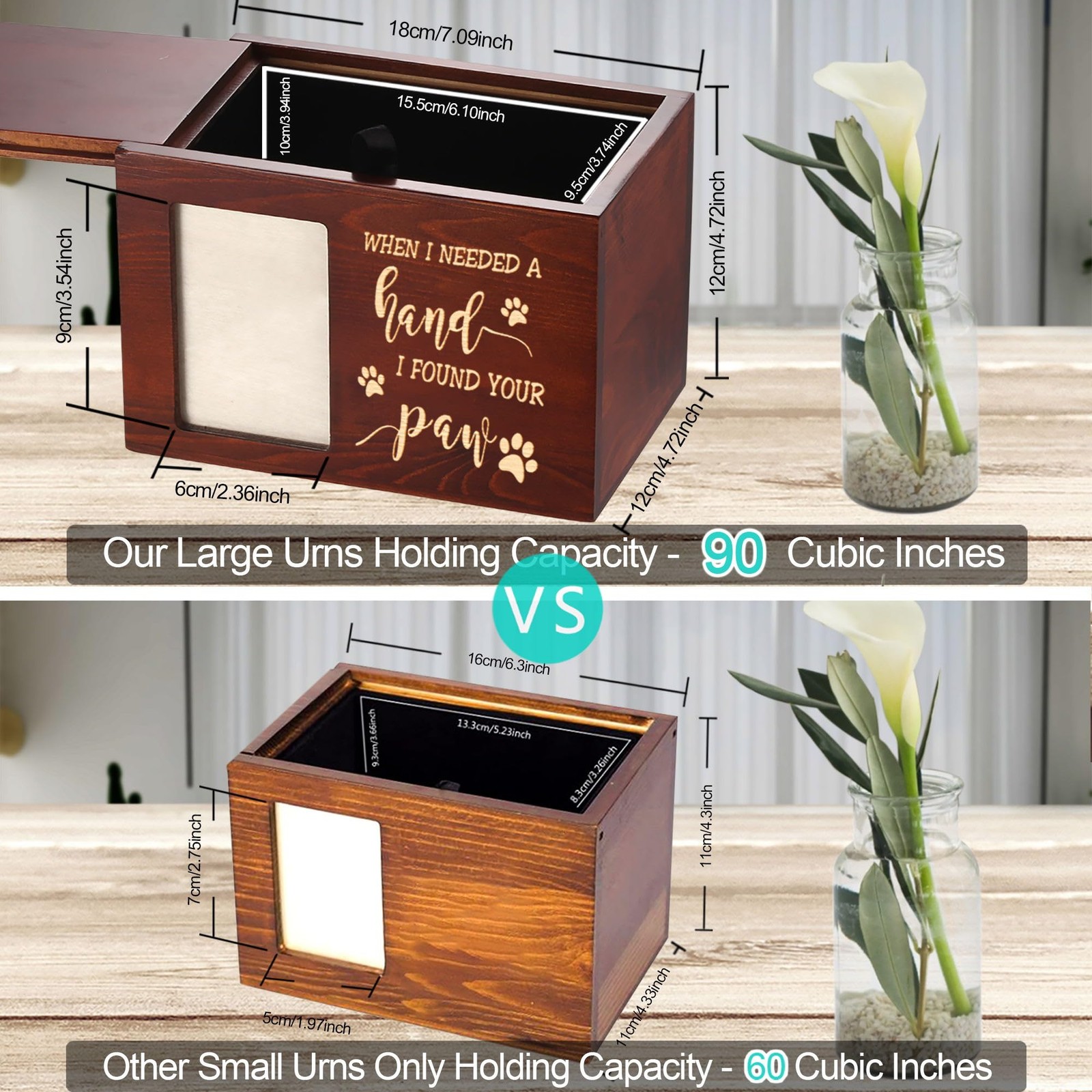 Wooden Pet Memorial Urn for Dog or Cat Ashes with Photo Frame Keepsake Box