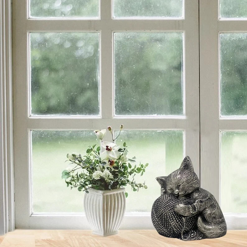 Silver Cat Urn- Precious Cat Urn- Figurine Urn – Kitty with Yarn Ball Urn W/Bag