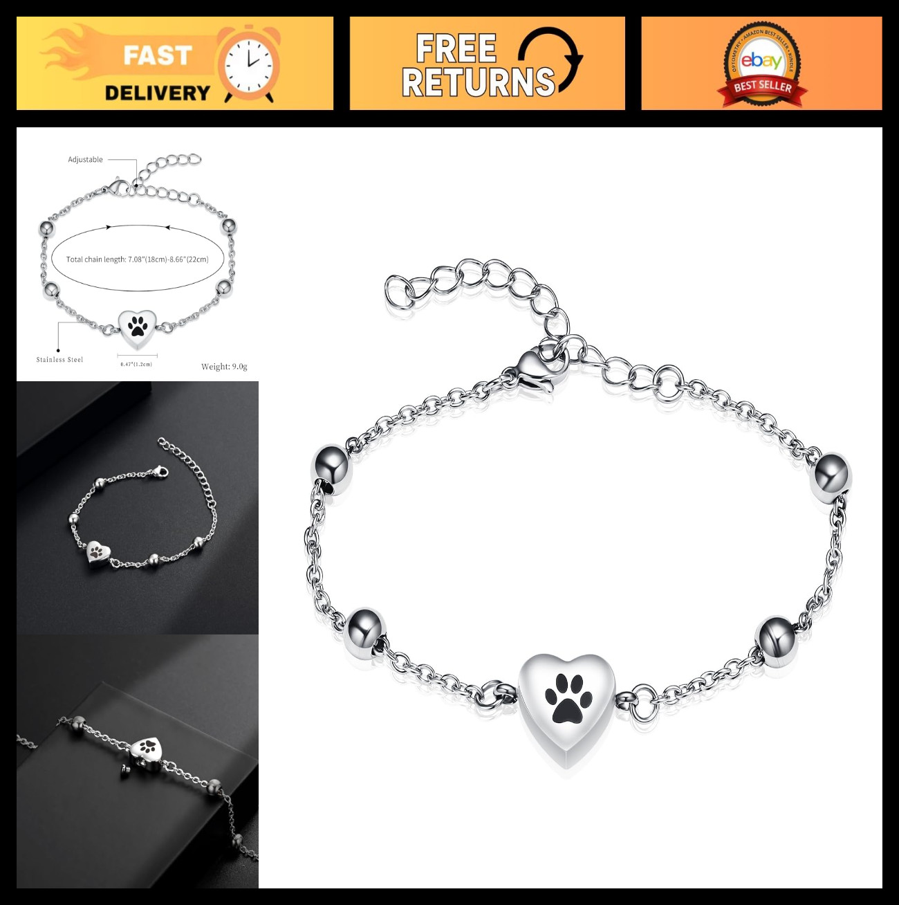Adjustable Pet Cremation Bracelet for Ashes – Paw Print Memorial Jewelry for Men