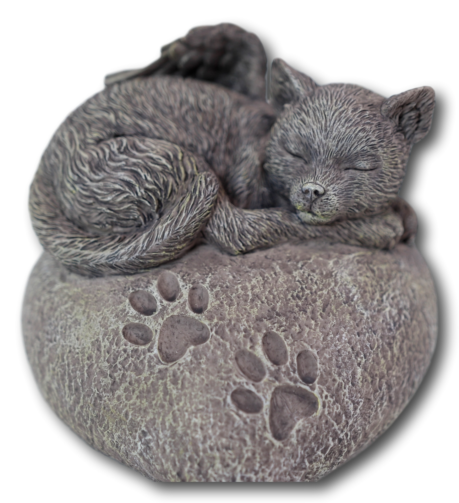 Pet Memorial Sleeping Angel Cat With Paw Prints Heart Shaped Rock Urn Statue