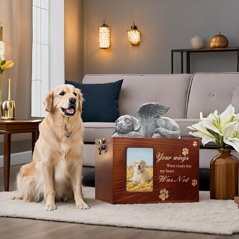 Wooden Pet Ashes Urn Memorial Keepsake Box W/ Photo Frame Beloved Dogs New