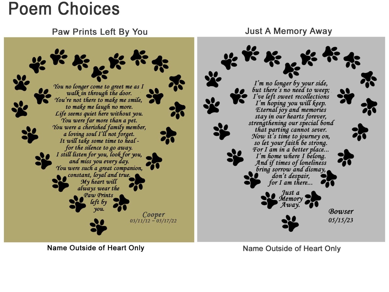 Custom Engraved Pet Name Plate, Pet Loss Poem Plate, Multiple Choices, Dog, Cat
