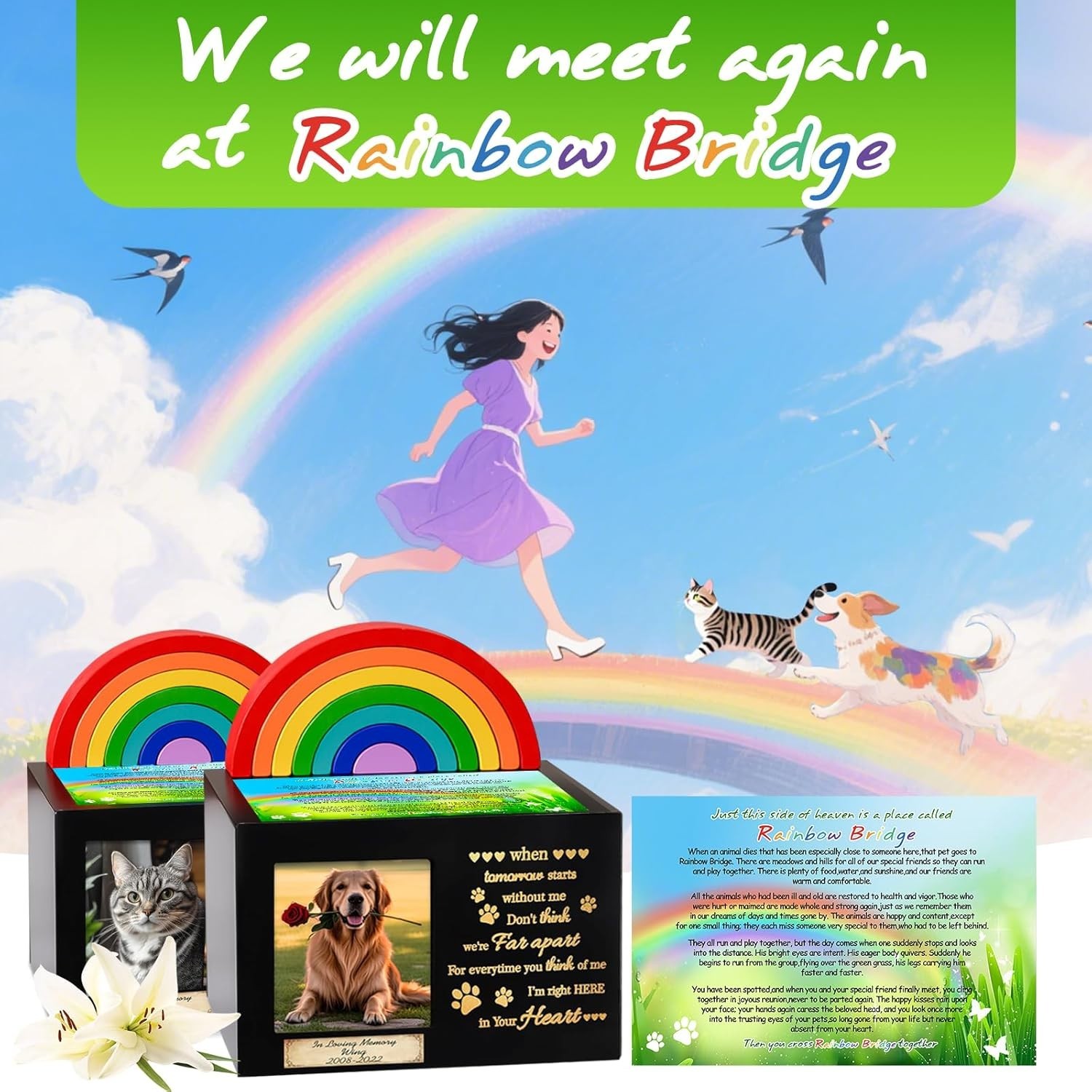 Wooden Rainbow Bridge Keepsakes Pet Urns, Handcrafted Dog/Cat Pet Urn, A Memo…