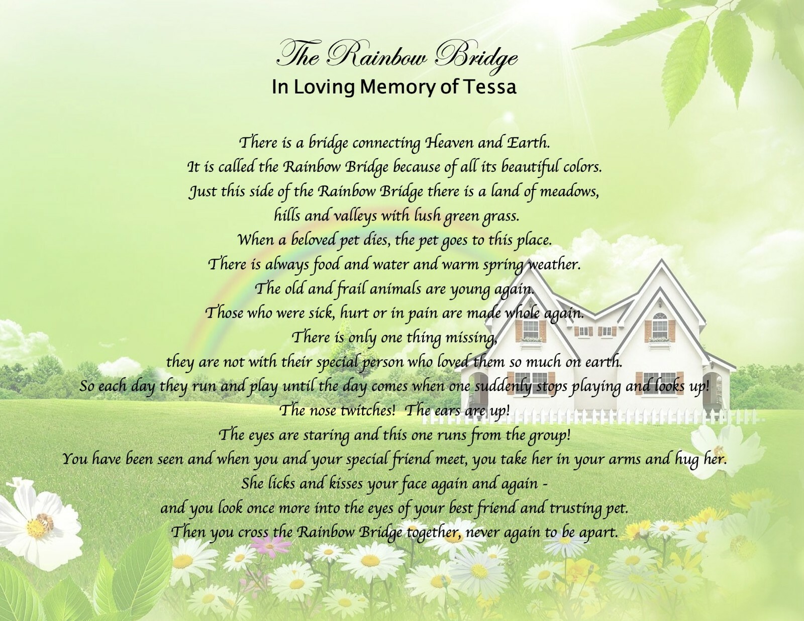 Pet Memorial Poem RAINBOW BRIDGE Personalized UNFRAMED Art Print Gift Dog, Cat