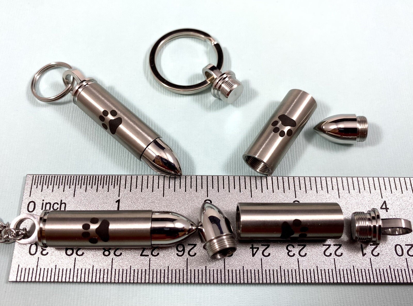 Mens Bullet Cremation Necklace Pendant Urn 4 Ashes LARGE VIAL Pet Paw Print Dog